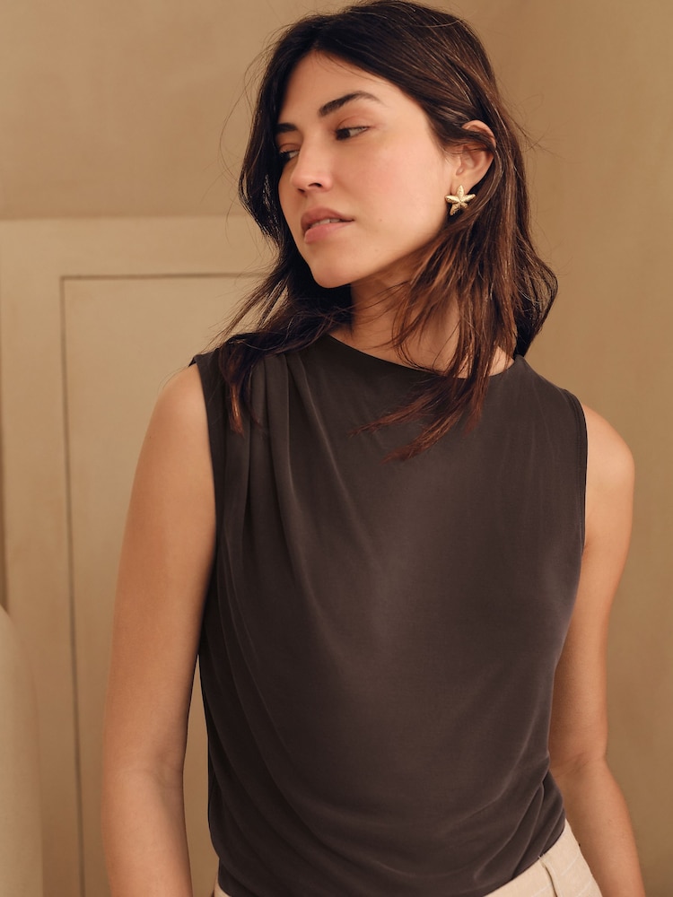 Chocolate Brown Premium Modal Ruched Drape Sleevless Top - Image 2 of 8