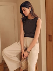 Chocolate Brown Premium Modal Ruched Drape Sleevless Top - Image 3 of 8