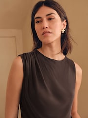 Chocolate Brown Premium Modal Ruched Drape Sleevless Top - Image 5 of 8
