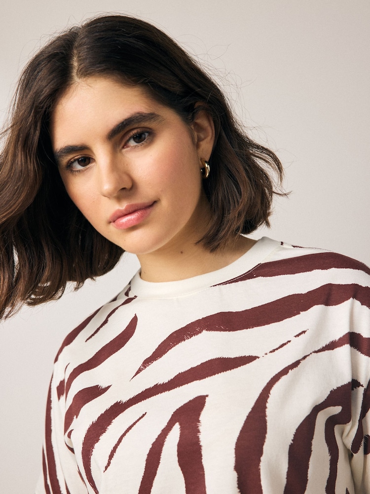 Zebra Print White/Brown Short Sleeve Crew Neck 100% Cotton T-Shirt - Image 4 of 8