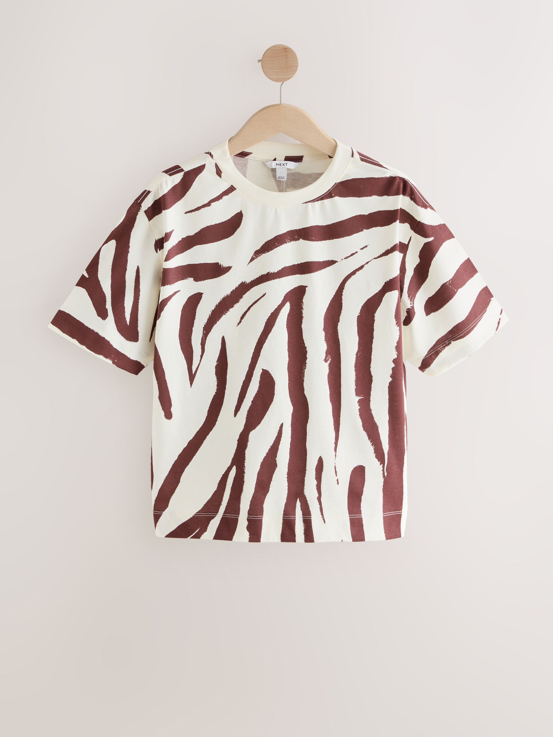 Buy Zebra Print White/Brown Short Sleeve Crew Neck 100% Cotton T