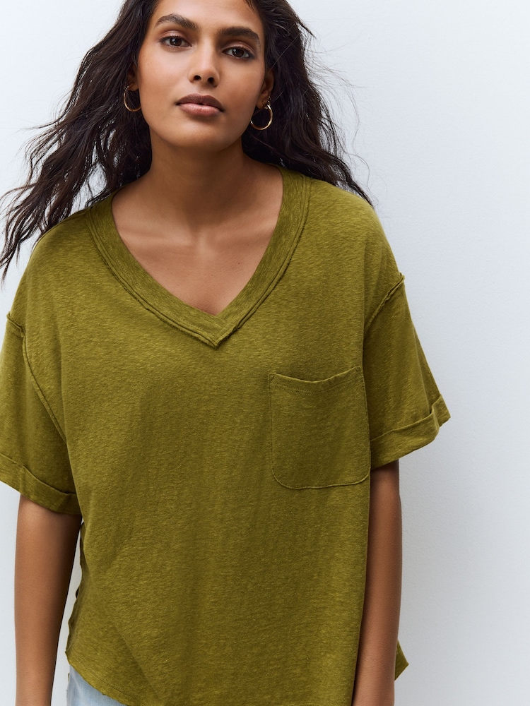 Olive Green Oversized V-Neck Short Sleeve T-Shirt - Image 1 of 9