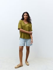 Olive Green Oversized V-Neck Short Sleeve T-Shirt - Image 2 of 9