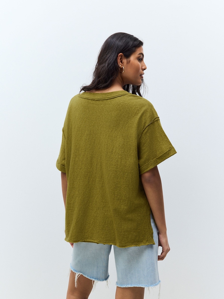 Olive Green Oversized V-Neck Short Sleeve T-Shirt - Image 3 of 9