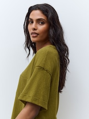 Olive Green Oversized V-Neck Short Sleeve T-Shirt - Image 4 of 9