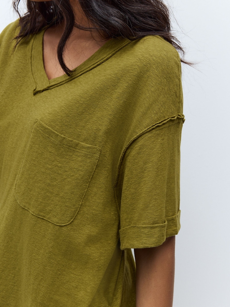 Olive Green Oversized V-Neck Short Sleeve T-Shirt - Image 6 of 9