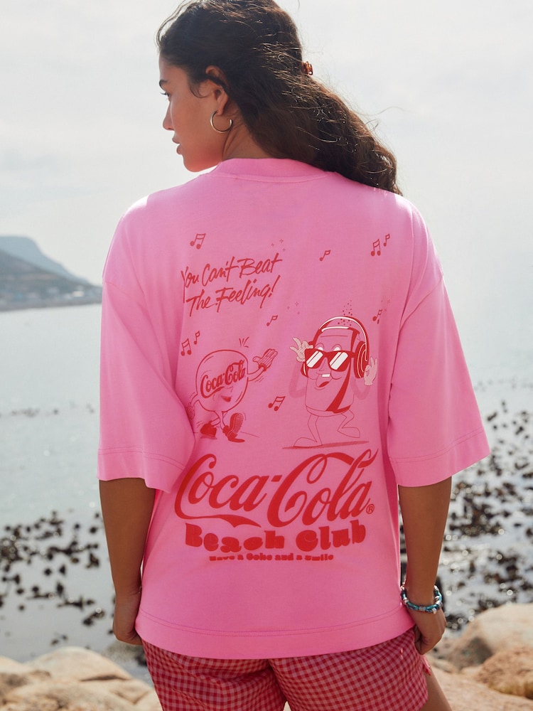 Pink/Red Beach Club - Cotton Official Coca Cola Licence Graphic Short Sleeve Crew Neck T-Shirt - Imagen 1 de 8