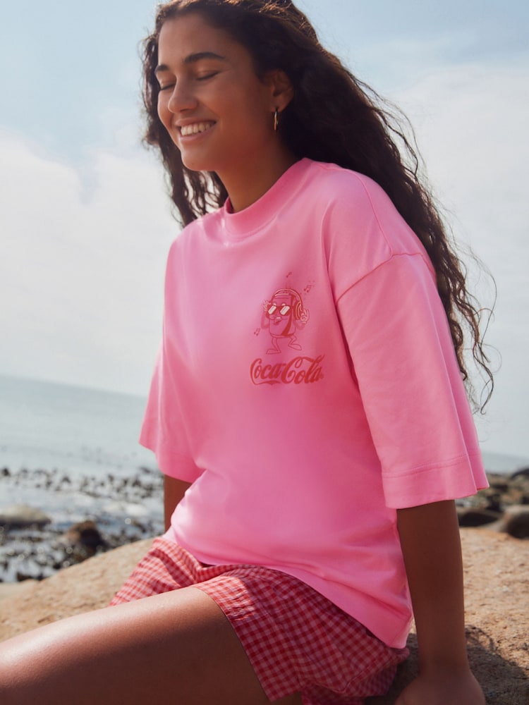 Pink/Red Beach Club - Cotton Official Coca Cola Licence Graphic Short Sleeve Crew Neck T-Shirt - Imagen 2 de 8