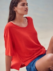 Bright Red Linen Modal Blend Soft Touch Scoop Neck T-Shirt - Image 1 of 8