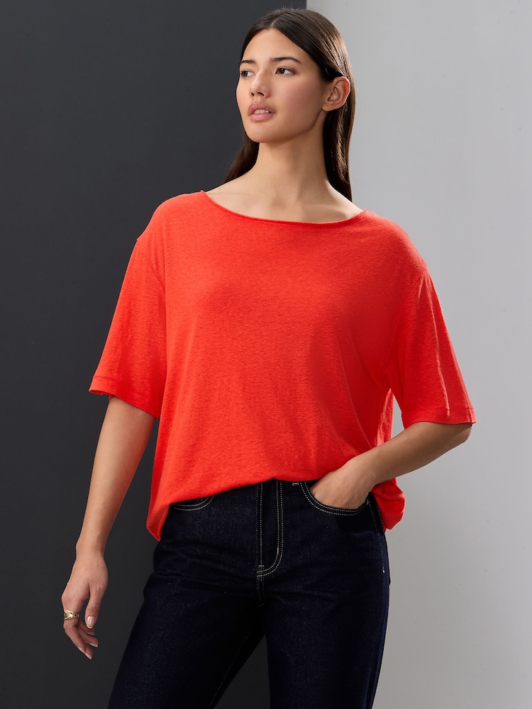Bright Red Linen Modal Blend Soft Touch Scoop Neck T-Shirt - Image 2 of 8