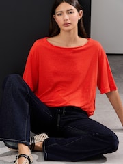 Bright Red Linen Modal Blend Soft Touch Scoop Neck T-Shirt - Image 4 of 8