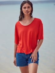 Bright Red Linen Modal Blend Soft Touch Scoop Neck T-Shirt - Image 5 of 8