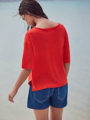 Bright Red Linen Modal Blend Soft Touch Scoop Neck T-Shirt - Image 6 of 8