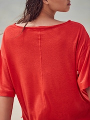 Bright Red Linen Modal Blend Soft Touch Scoop Neck T-Shirt - Image 8 of 8