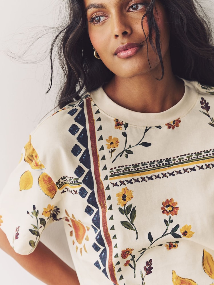 Ecru White Sunflower Floral Placement Print Short Sleeve Crew Neck 100% Cotton T-Shirt - Image 4 of 7