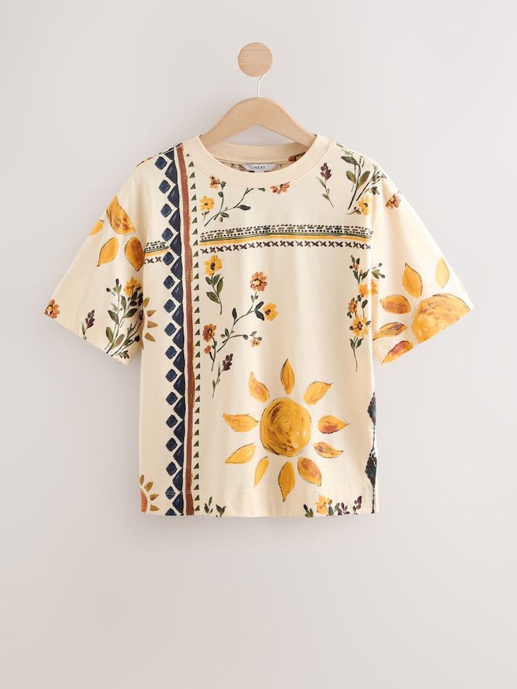 Ecru White Sunflower Floral Placement Print Short Sleeve Crew Neck 100% Cotton T-Shirt - Image 5 of 7
