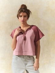 Pink Shorter Length Raglan Colourblock Short Sleeve Button Henley T-Shirt - Image 1 of 8