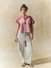 Pink Shorter Length Raglan Colourblock Short Sleeve Button Henley T-Shirt - Image 2 of 8