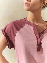 Pink Shorter Length Raglan Colourblock Short Sleeve Button Henley T-Shirt - Image 5 of 8