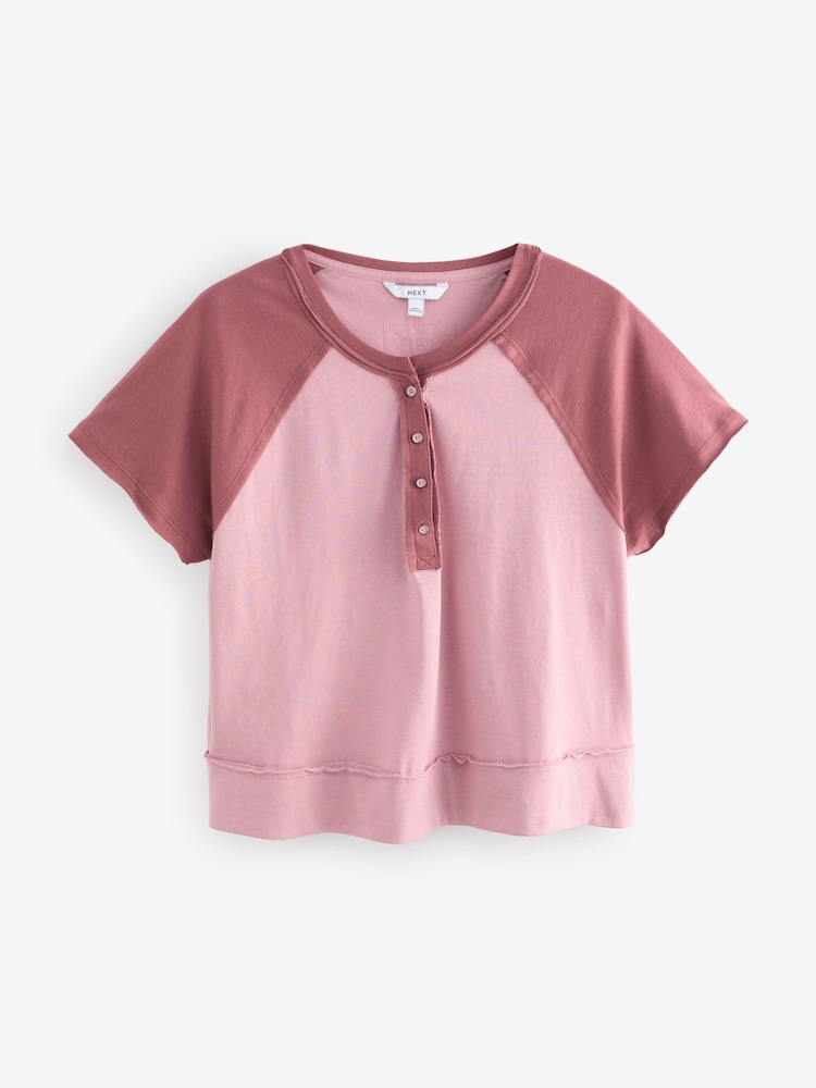 Pink Shorter Length Raglan Colourblock Short Sleeve Button Henley T-Shirt - Image 6 of 8