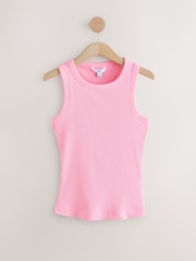 Fluro Pink Ribbed Racer Tank Vest Sleeveless Top - Image 1 of 7