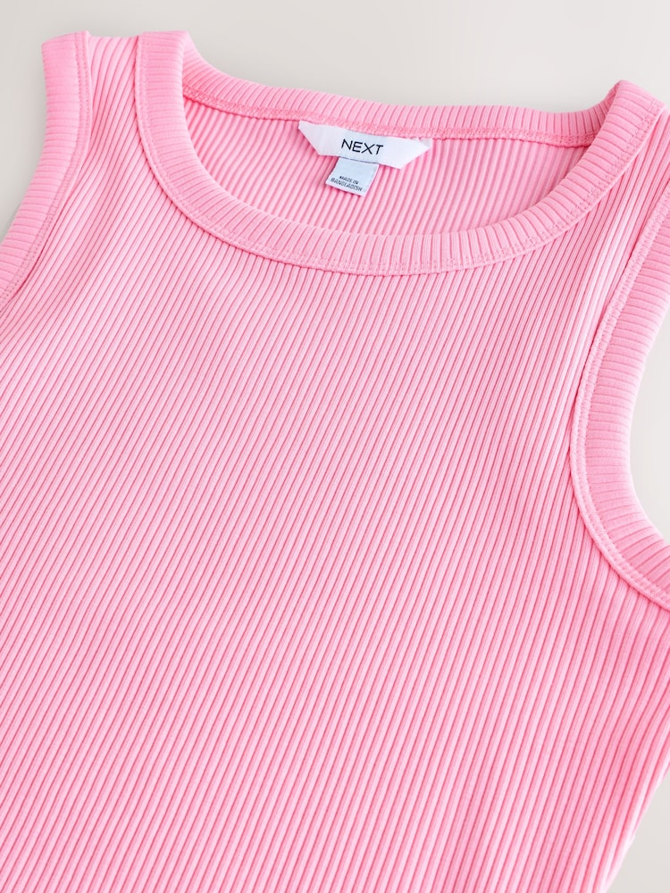 Fluro Pink Ribbed Racer Tank Vest Sleeveless Top - Image 6 of 7