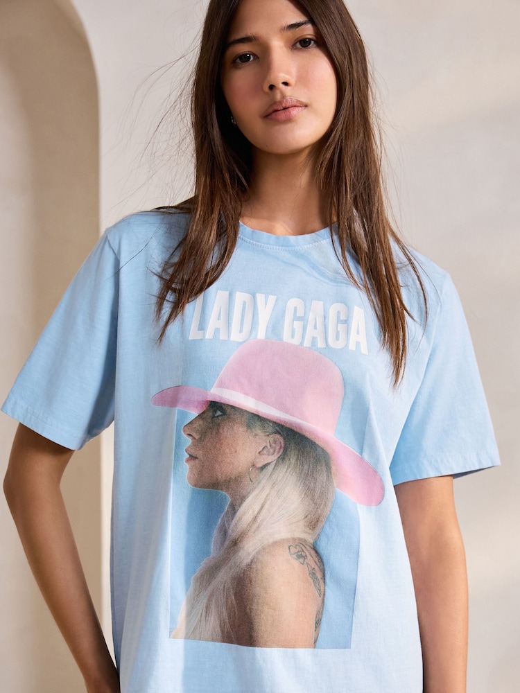 Light Blue Offcial Licence Lady Gaga Graphic Oversized Short Sleeve Crew Neck 100% Cotton T-Shirt - Image 1 of 9