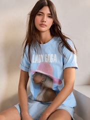 Light Blue Offcial Licence Lady Gaga Graphic Oversized Short Sleeve Crew Neck 100% Cotton T-Shirt - Image 4 of 9