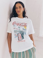 Ecru White Cotton Official Coca Cola Licence Graphic Short Sleeve Crew Neck T-Shirt - Image 1 of 8