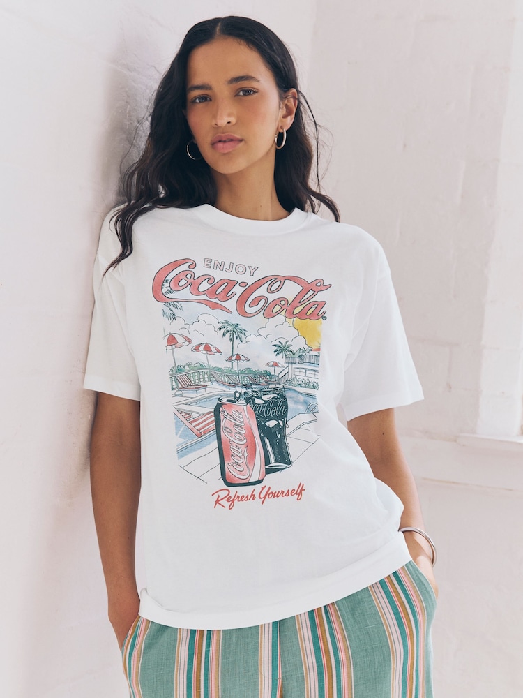 Ecru White Cotton Official Coca Cola Licence Graphic Short Sleeve Crew Neck T-Shirt - Image 1 of 8