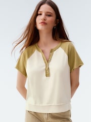 Ecru White and Green Shorter Length Raglan Colourblock Short Sleeve Button Henley T-Shirt - Image 1 of 4