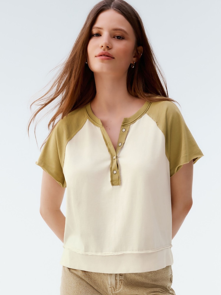 Ecru White and Green Shorter Length Raglan Colourblock Short Sleeve Button Henley T-Shirt - Image 1 of 4