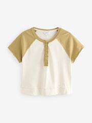 Ecru White and Green Shorter Length Raglan Colourblock Short Sleeve Button Henley T-Shirt - Image 2 of 4