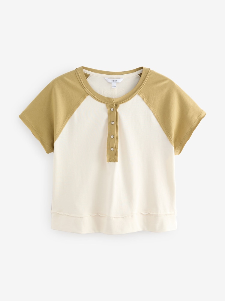 Ecru White and Green Shorter Length Raglan Colourblock Short Sleeve Button Henley T-Shirt - Image 2 of 4