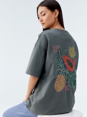Charcoal Green Oversized 100% Cotton Embroidered Colourful Fruit Back Graphic Short Sleeve Crew Neck T-Shirt - Image 1 of 7