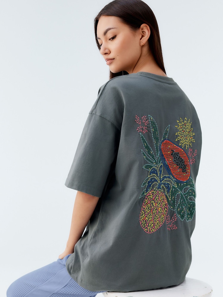 Charcoal Green Oversized 100% Cotton Embroidered Colourful Fruit Back Graphic Short Sleeve Crew Neck T-Shirt - Image 1 of 7