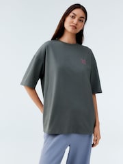 Charcoal Green Oversized 100% Cotton Embroidered Colourful Fruit Back Graphic Short Sleeve Crew Neck T-Shirt - Image 2 of 7
