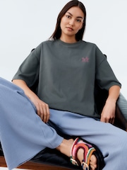 Charcoal Green Oversized 100% Cotton Embroidered Colourful Fruit Back Graphic Short Sleeve Crew Neck T-Shirt - Image 3 of 7