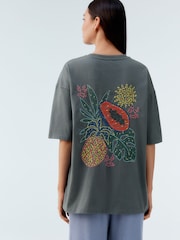 Charcoal Green Oversized 100% Cotton Embroidered Colourful Fruit Back Graphic Short Sleeve Crew Neck T-Shirt - Image 4 of 7
