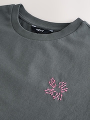 Charcoal Green Oversized 100% Cotton Embroidered Colourful Fruit Back Graphic Short Sleeve Crew Neck T-Shirt - Image 6 of 7