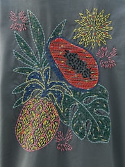Charcoal Green Oversized 100% Cotton Embroidered Colourful Fruit Back Graphic Short Sleeve Crew Neck T-Shirt - Image 7 of 7