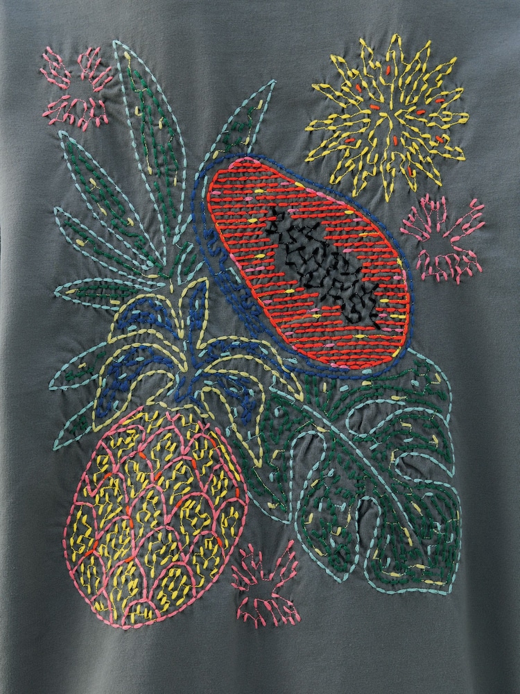 Charcoal Green Oversized 100% Cotton Embroidered Colourful Fruit Back Graphic Short Sleeve Crew Neck T-Shirt - Image 7 of 7