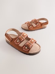 Tan Brown Embroidered Standard Fit (F) Touch Fastening Strap Corkbed Sandals - Image 1 of 5