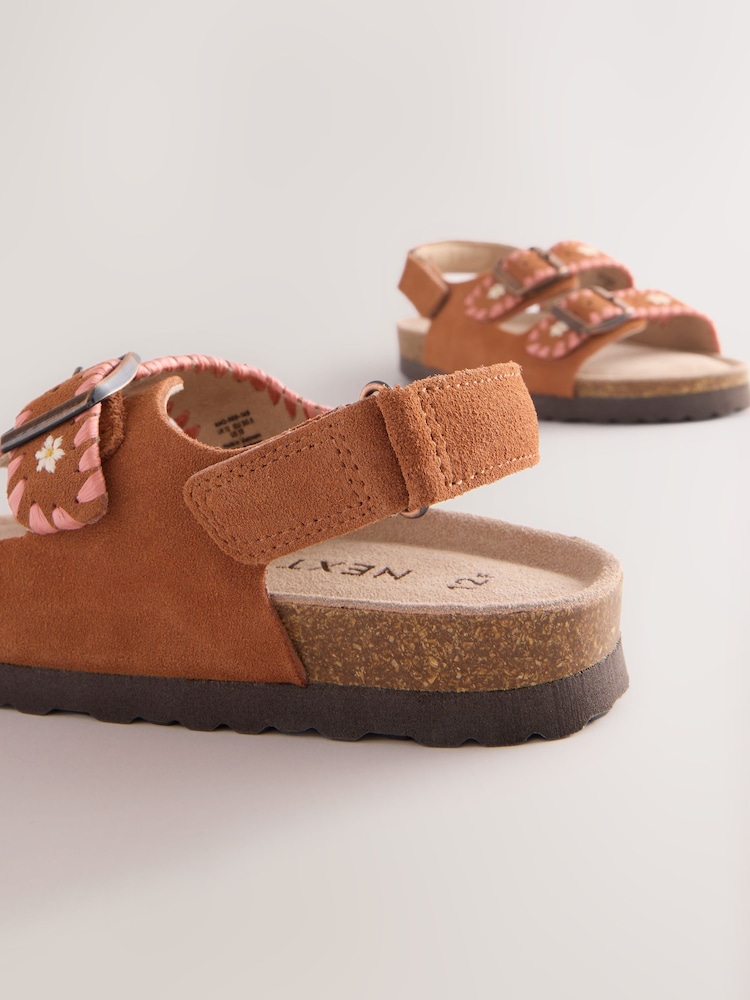 Tan Brown Embroidered Standard Fit (F) Touch Fastening Strap Corkbed Sandals - Image 4 of 5
