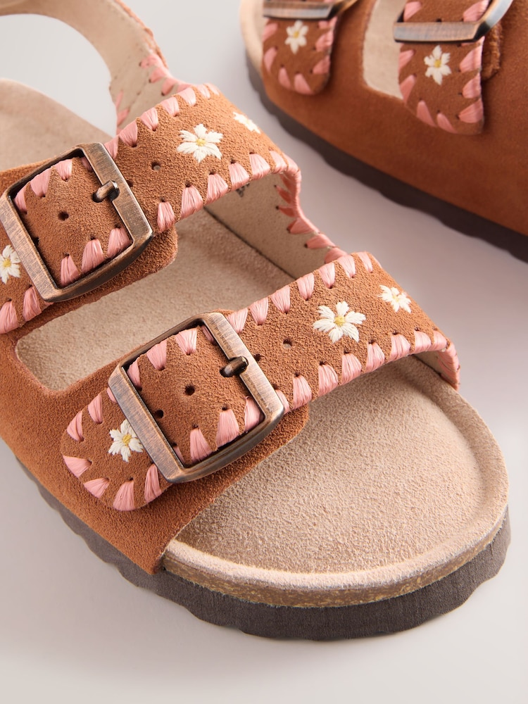 Tan Brown Embroidered Standard Fit (F) Touch Fastening Strap Corkbed Sandals - Image 5 of 5