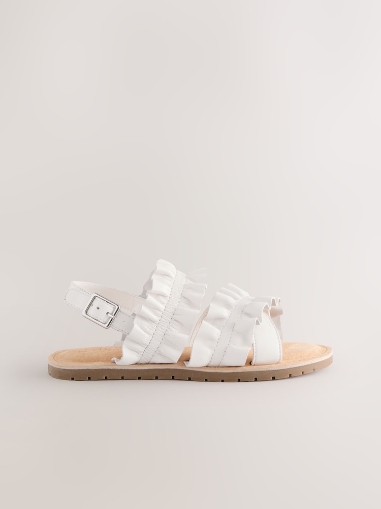 White Leather Ruffle Sandals - Image 2 of 5