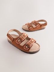 Tan Brown Embroidered Wide Fit (G) Touch Fastening Strap Corkbed Sandals - Image 1 of 5