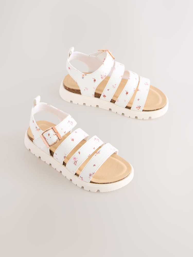 White Ditsy Floral Print Chunky Corkbed Sandals - Image 3 of 7