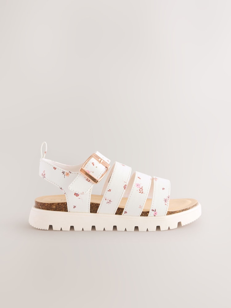 White Ditsy Floral Print Chunky Corkbed Sandals - Image 4 of 7