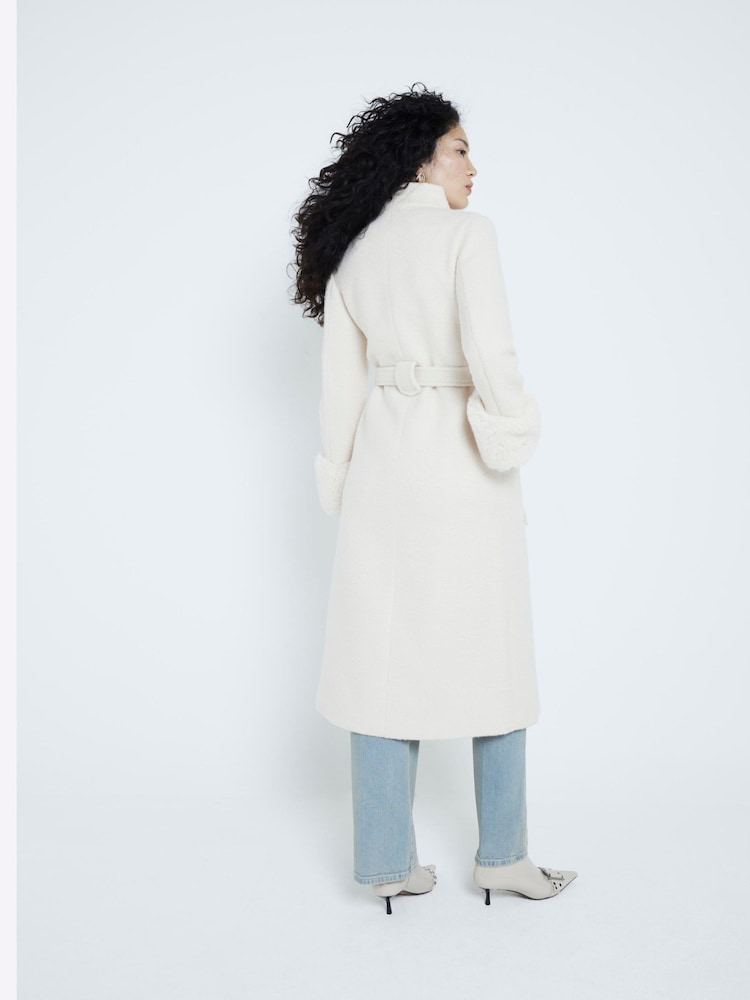 River Island Cream Faux Fur Cuff Boiled Wool Coat - Image 2 of 4